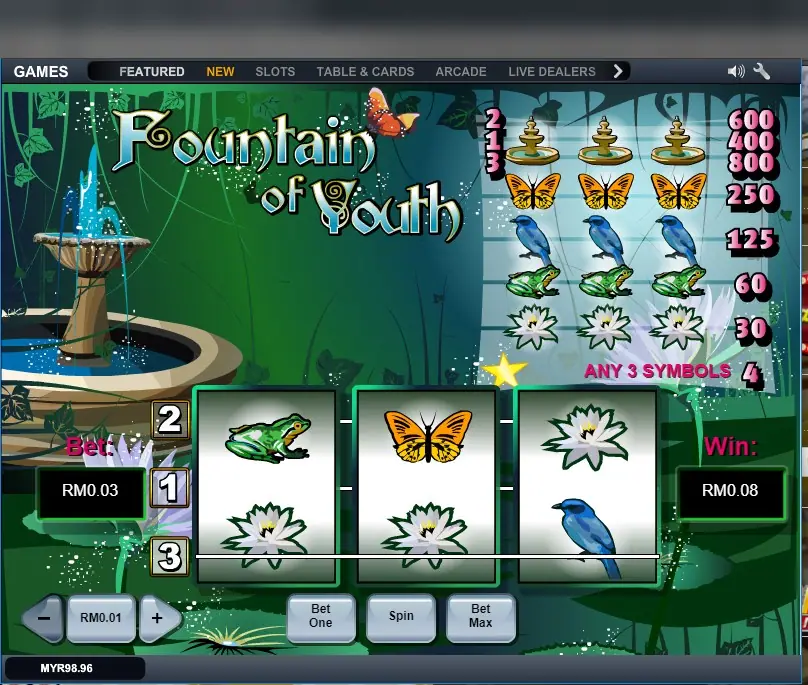 Fountain of Youth paying RM0.08 on a RM0.03 bet, with frogs, a butterfly, water lilies and a bluebird on the reels