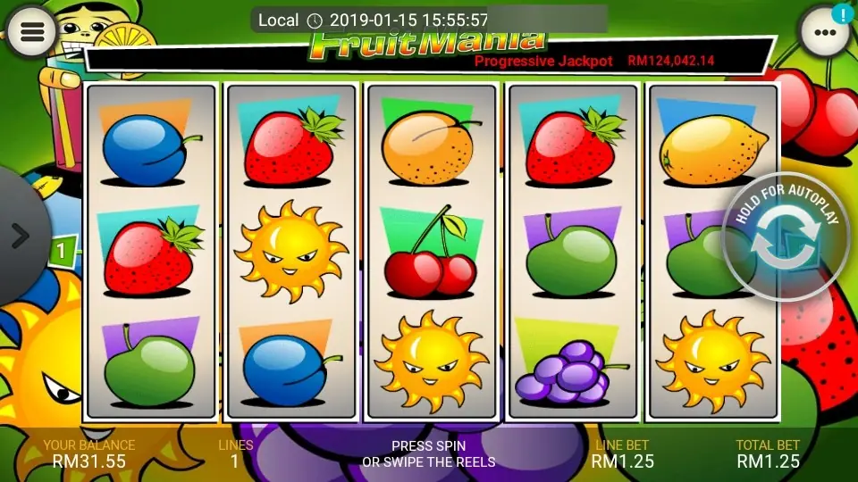 Fruit Mania spin with suns on reels 2, 3 and 5, strawberries, cherries and apples, the jackpot at RM124,042.14