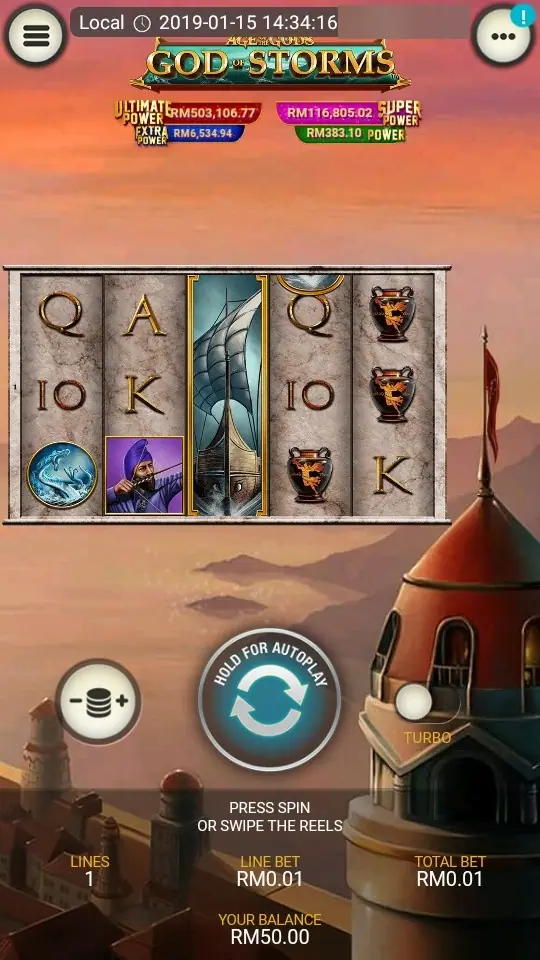 Portrait capture of God of Storms with the title and jackpot bar on top, the reels in the middle, a coin-stack bet button, a large autoplay button and a Turbo switch, and Your Balance RM50.00