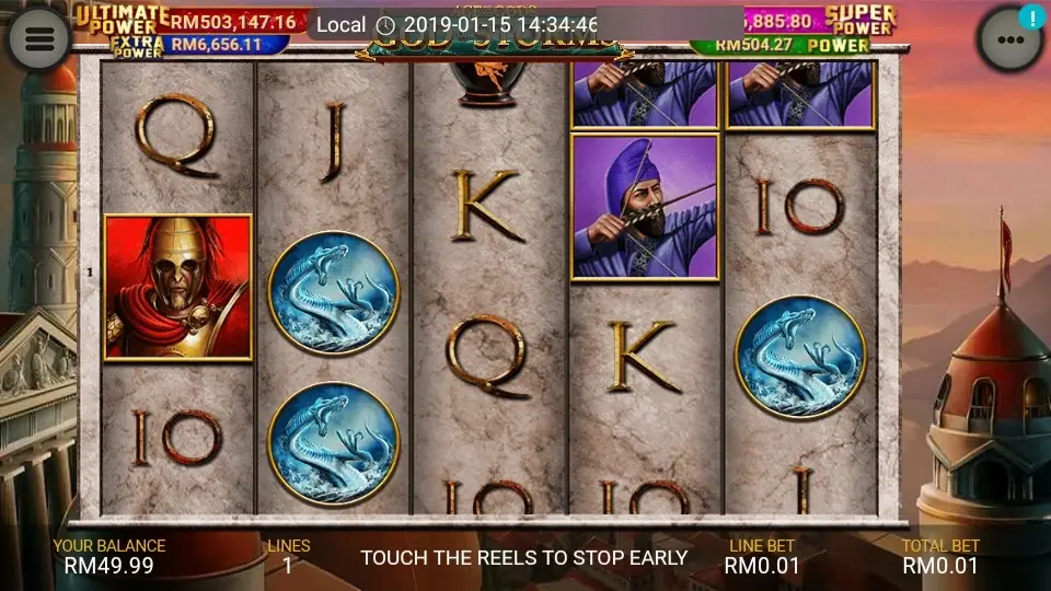 Sideways capture with a red-cloaked Spartan on reel 1, sea serpent medallions on reels 2 and 5 and two archers on reel 4