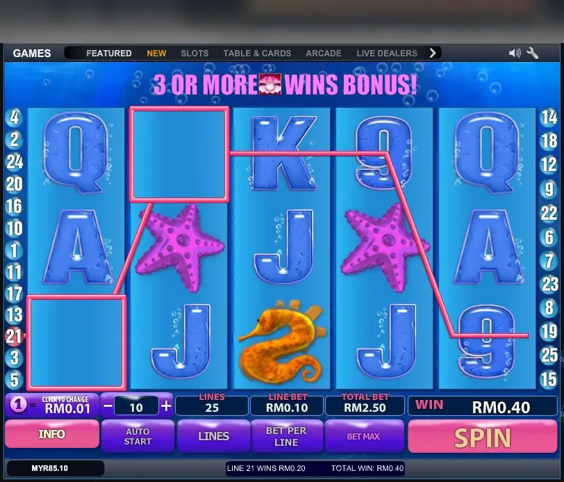 A starfish and seahorse screen with the banner 3 or more shells wins bonus across the top, and line 21 paying RM0.20