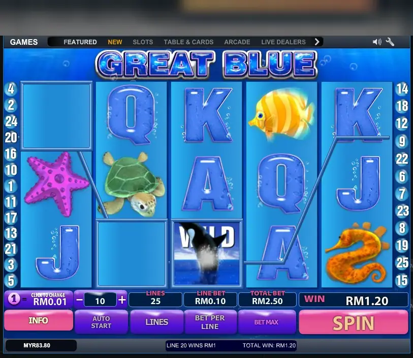 The orca WILD breaching from the water on reel 3, with line 20 paying RM1 and a total win of RM1.20