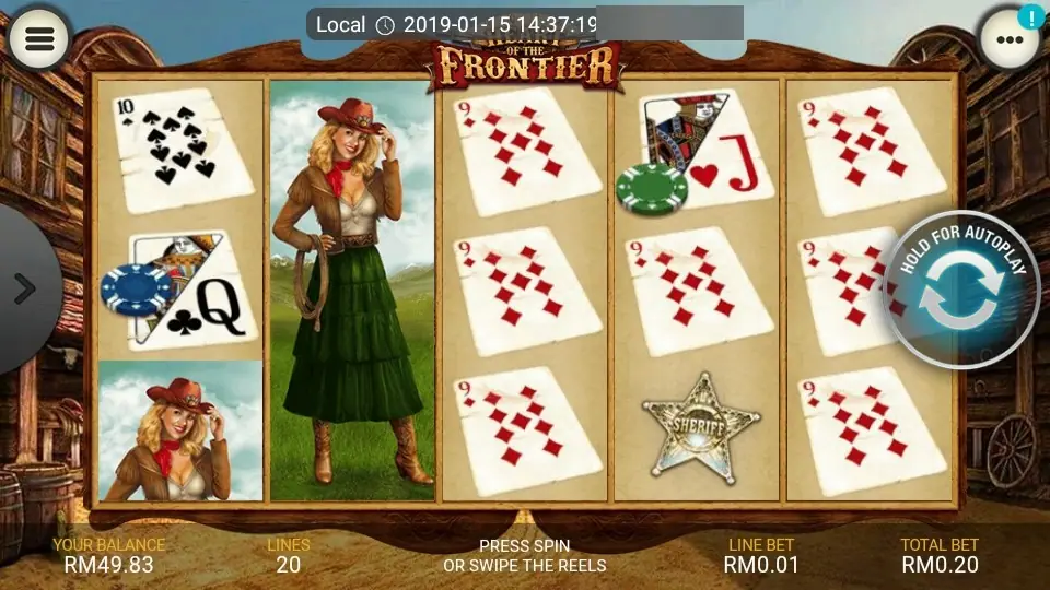 Heart of the Frontier reels with a blonde cowgirl in a green skirt filling reel 2, a sheriff star on reel 4 and playing cards with poker chips, Lines 20 and Total Bet RM0.20