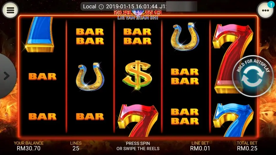 A dead spin with double BARs, horseshoes, a dollar sign and red and blue 7s, balance RM30.70