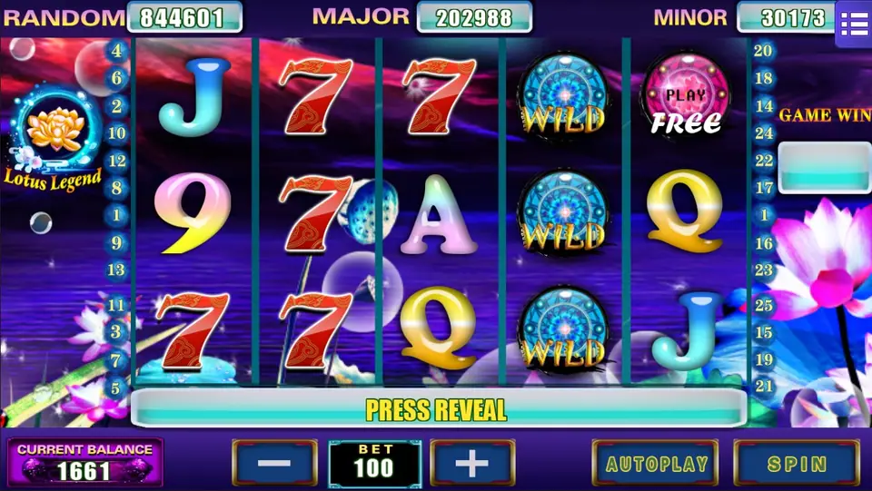 Lotus Legend before a spin: red sevens on reels 1 to 3, a column of three WILD discs on reel 4, a PLAY FREE ball top of reel 5, PRESS REVEAL on the message bar and BET 100