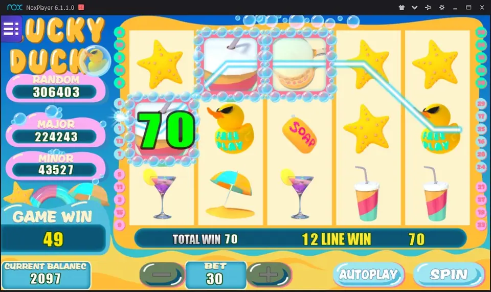 Lucky Duck with a 70 win on line 12: two coconut drinks linked by a blue line, duck symbols on reels 2 and 5, balance 2097 and BET 30