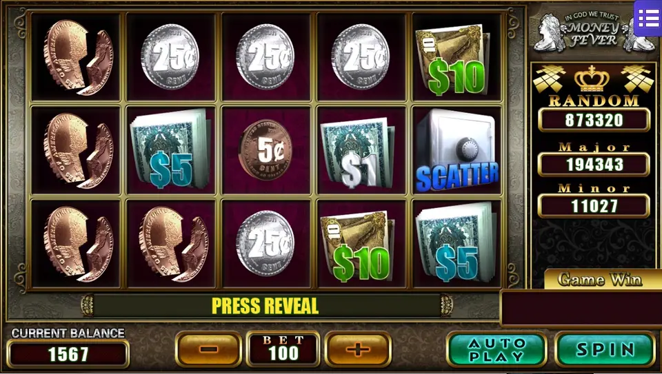 Money Fever reels on dark velvet: split copper pennies down reel 1, silver 25c coins, a 5c coin, $1, $5 and $10 note bundles and a steel safe marked SCATTER on reel 5, BET 100