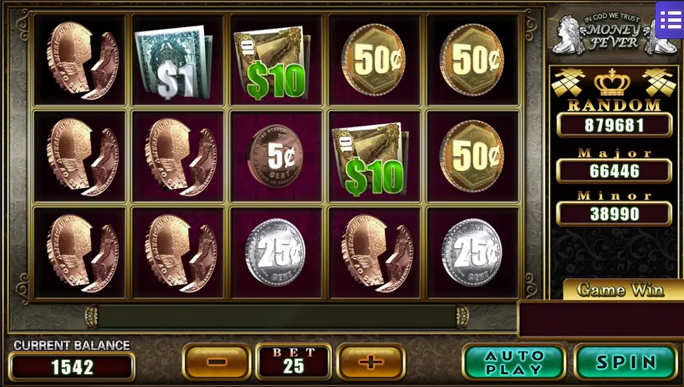 Money Fever at BET 25: $1, $10 and two 50c coins on the top row, split pennies down reel 1 and most of reel 2, balance 1542