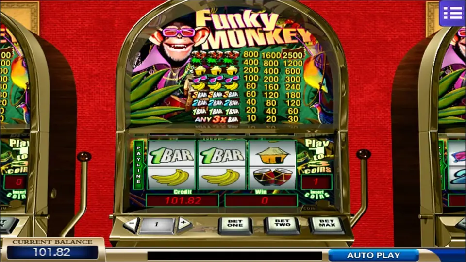 Funky Monkey cabinet on a red wall: a grinning chimp in pink sunglasses above a paytable topped by 800, 1600 and 2500 for three drums, 1BAR, 1BAR and a straw hut on the payline, credit 101.82