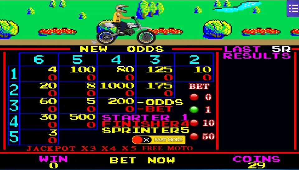The NEW ODDS board: a triangle of pair odds from 3 to 1000, BET buttons for 0, 1, 10 and 50, a FAST MODE toggle and COINS 29