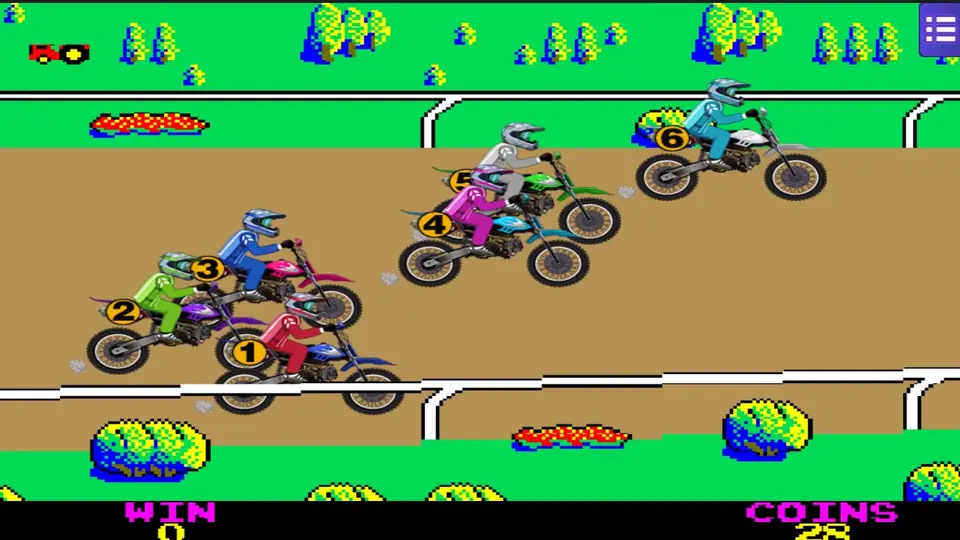 Pixel-art dirt track with six numbered motocross riders in different colours mid-race, WIN 0 and COINS 28 along the bottom
