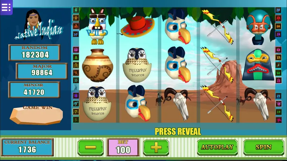 Native Indian reels in front of a desert mesa: a totem WILD on reel 1, two owls in eggshells marked FREESPIN BONUS, eagle masks, a painted clay pot, a red hat, bows with arrows, ram skulls and totem masks, BET 100