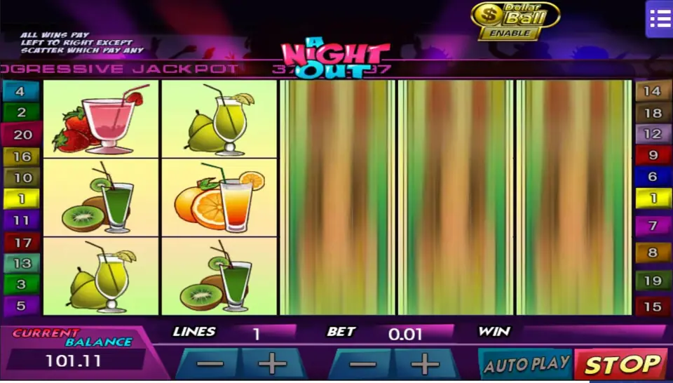 A Night Out reels with a strawberry daiquiri, pear and kiwi drinks and an orange cocktail on reels 1 and 2 while reels 3 to 5 spin, LINES 1, BET 0.01 and a red STOP button