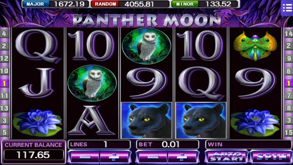 Two black panthers side by side on reels 3 and 4, bottom row, with owls, a butterfly and blue water lilies around them, 1 line at 0.01