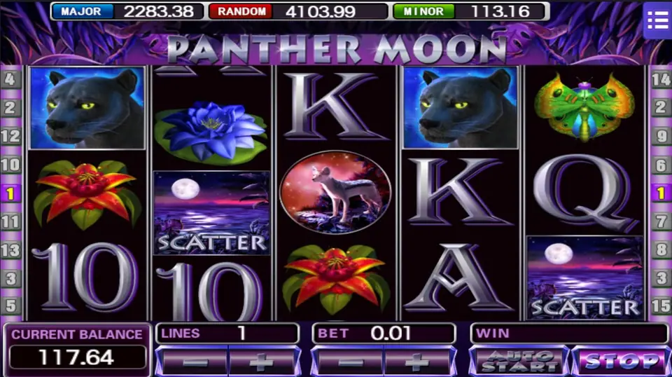 Two SCATTER moon tiles on reels 2 and 5 and two panthers in the top row of reels 1 and 4, balance 117.64, MAJOR 2283.38