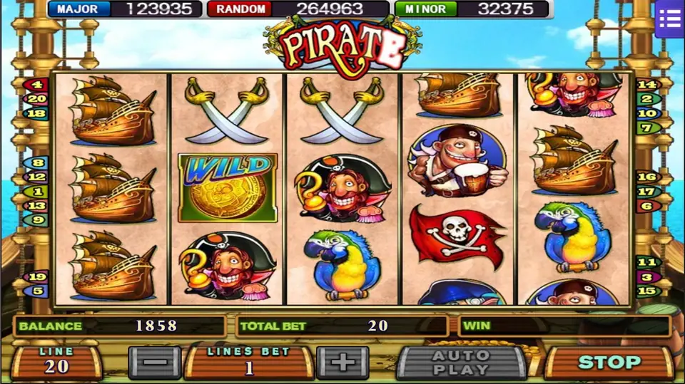 Pirate reels on parchment with ship's rigging either side: three galleons stacked on reel 1, crossed cutlasses, a gold coin WILD, a hook-handed captain, parrots, a skull flag and a bald pirate with a tankard, LINE 20, LINES BET 1, TOTAL BET 20