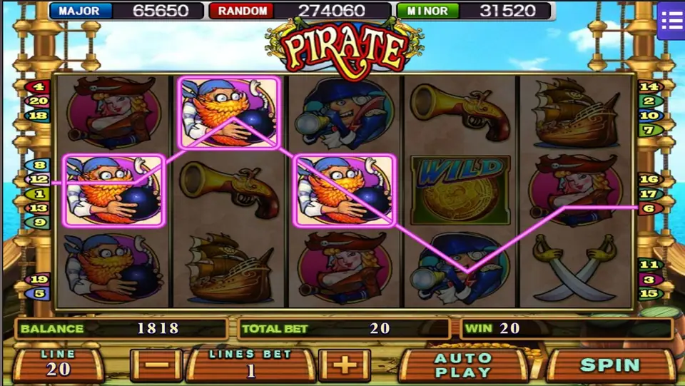 A win of 20 on line 6: three ginger-bearded crewmen with bombs boxed in pink on reels 1, 2 and 3, the line zigzagging on to the right edge, a gold coin WILD on reel 4