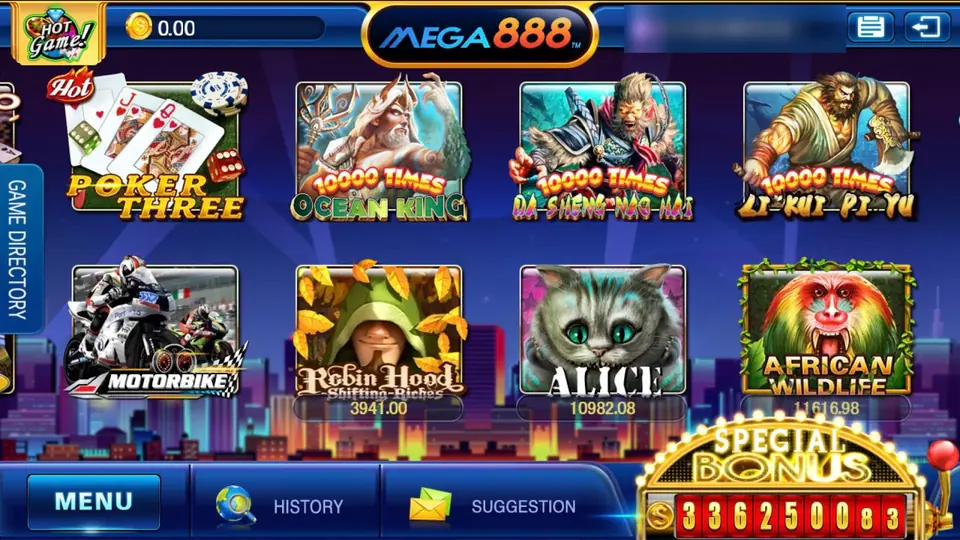 Mega888 lobby: Poker Three, Ocean King, Da Sheng Nao Hai and Li Kui Pi Yu tiles on the top row, Motorbike, Robin Hood Shifting Riches, Alice and African Wildlife below, a SPECIAL BONUS slot-machine counter bottom right and MENU, HISTORY and SUGGESTION buttons