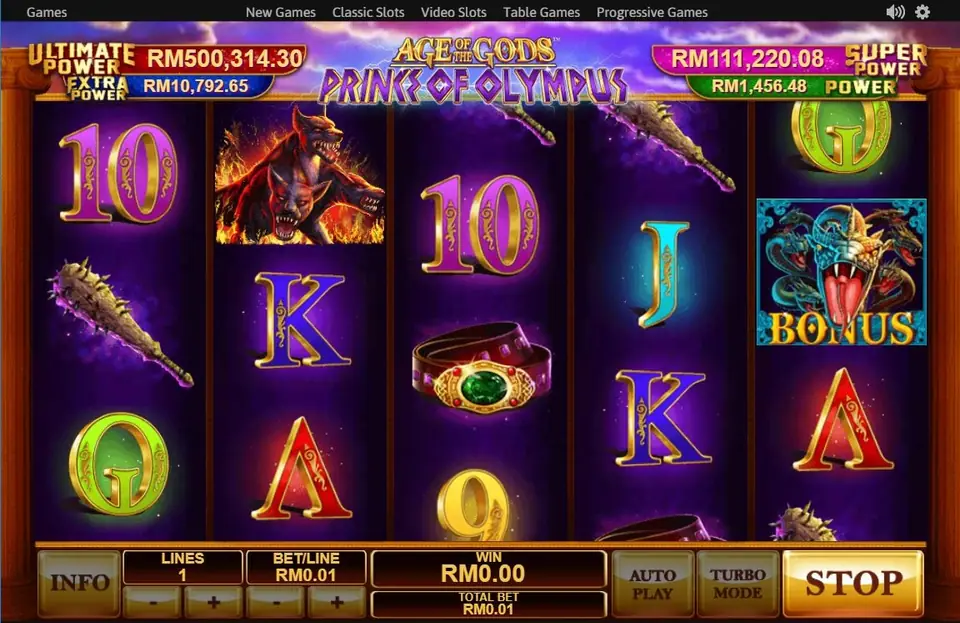 Prince of Olympus with the Hydra BONUS on reel 5, spiked clubs on reels 1, 3 and 4, and the two-headed dog on reel 2