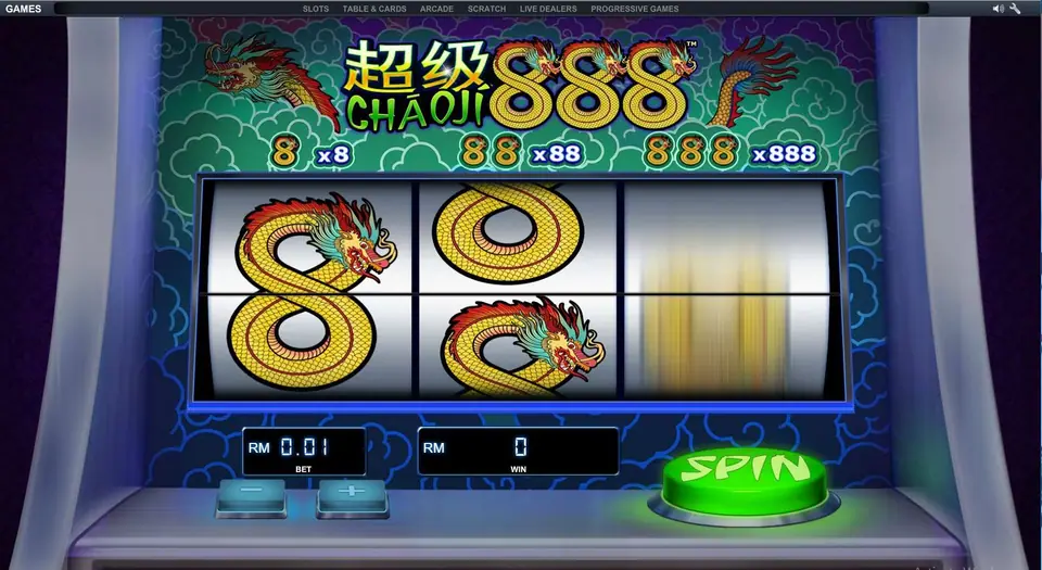 Chao Ji 888 mid-spin with the first two reels stopped on dragon 8s and the third still blurred