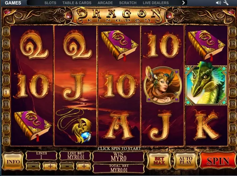 Dragon Kingdom with the green dragon head on reel 5, spell books on reels 1, 3 and 5 and the dragon pendant on reel 2