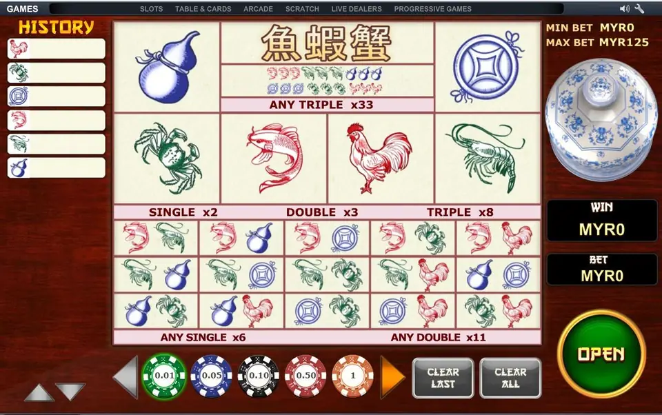 Fish Prawn Crab table with gourd, coin, crab, fish, rooster and prawn squares, pair bets below, chips from 0.01 to 1, a blue-and-white porcelain bowl and a green OPEN button