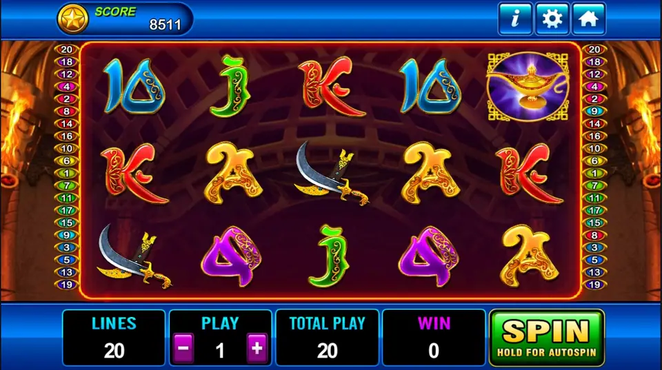 Aladdin reels in a dark palace arch: ornate 10, J, K, Q and A letters, two curved swords and a golden lamp on a purple tile, with LINES 20, PLAY 1 and TOTAL PLAY 20