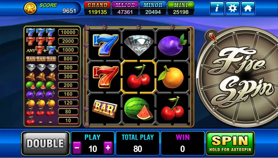 Fire Spin 3x3 grid with a blue 7, a diamond, a plum, a red 7, cherries, an orange, a BAR, a watermelon and more cherries, a pay list down the left, a Fire Spin wheel on the right and DOUBLE, PLAY 10 and TOTAL PLAY 80 below