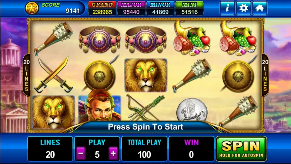 Hercules reels on a parchment background between Greek temples: spiked clubs, jewelled belts, cornucopias, crossed swords, round shields, a lion, a bow and arrows, a silver Pegasus coin and Hercules, with 20 LINES on the sides and LINES 20, PLAY 5, TOTAL PLAY 100