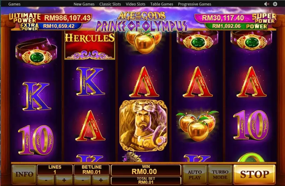 Hercules in the lion skin on reel 3, the HERCULES tile at the top of reel 2, red A's and belts across reels 3 to 5, and the STOP button lit