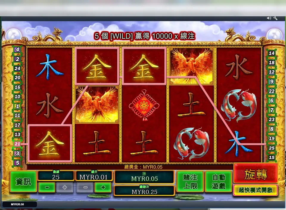 Three gold 金 characters framed and linked on line 21 across reels 1 to 3, with 總獎金 MYR0.05 above the bet bar
