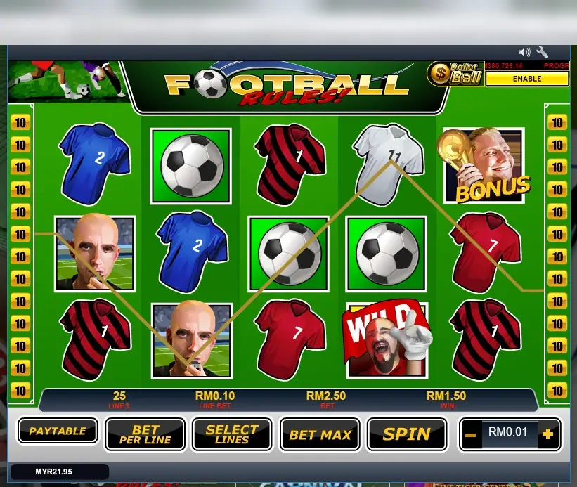A fan with a foam finger on the red WILD flag on reel 4, referees on reels 1 and 2, footballs and shirts elsewhere, with WIN RM1.50