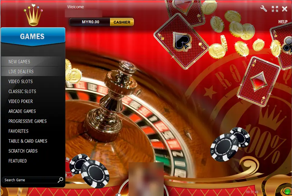 Rollex11 desktop lobby: a gold crown logo, a GAMES menu listing New Games, Live Dealers, Video Slots, Classic Slots, Video Poker, Arcade Games, Progressive Games, Favorites, Table & Card Games, Scratch Cards and Featured, a MYR0.00 balance with a CASHIER button, and a roulette wheel with chips