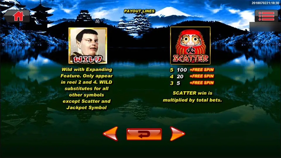 Help screen: the man in the WILD frame expands on reels 2 and 4; the red daruma SCATTER pays 5, 20 and 100 plus free spins