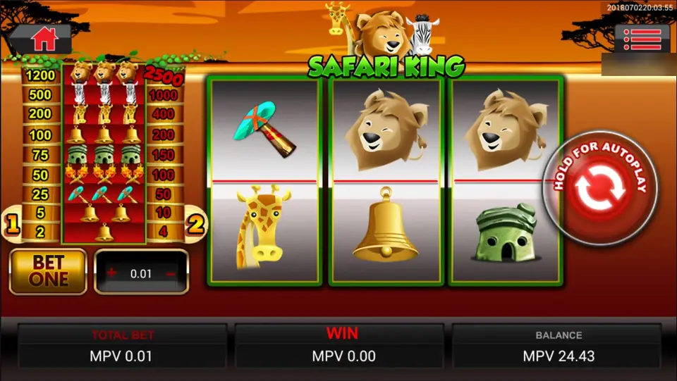 Safari King: three reels on a sunset savannah with a hammer, giraffe, lion, bell and green hut, a paytable on the left from 1200 and 2500 down to 2 and 4, BET ONE and a 0.01 coin box