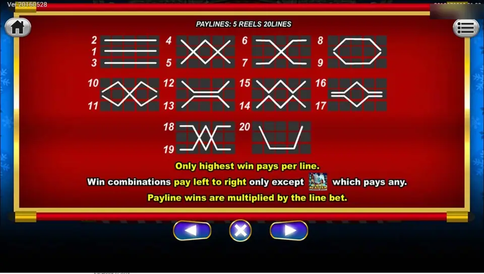 Payline chart for 5 reels and 20 lines, with the rules: only the highest win pays per line, wins pay left to right except the scatter, and payline wins are multiplied by the line bet
