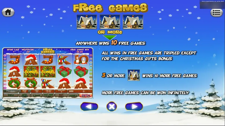 Free Games help: three or more cottages anywhere win 10 free games, all wins tripled except the Christmas Gifts Bonus, three more cottages win 10 more