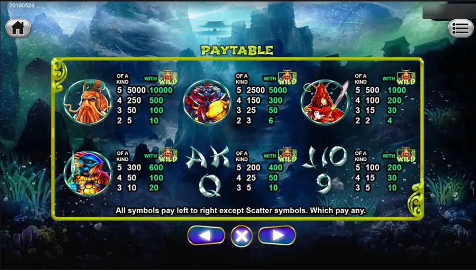 Sea Emperor paytable with normal and WITH WILD columns: sea official 5000 and 10000, crab general 2500 and 5000, shrimp warrior 500 and 1000, fish soldier 300 and 600, then A K Q and J 10 9