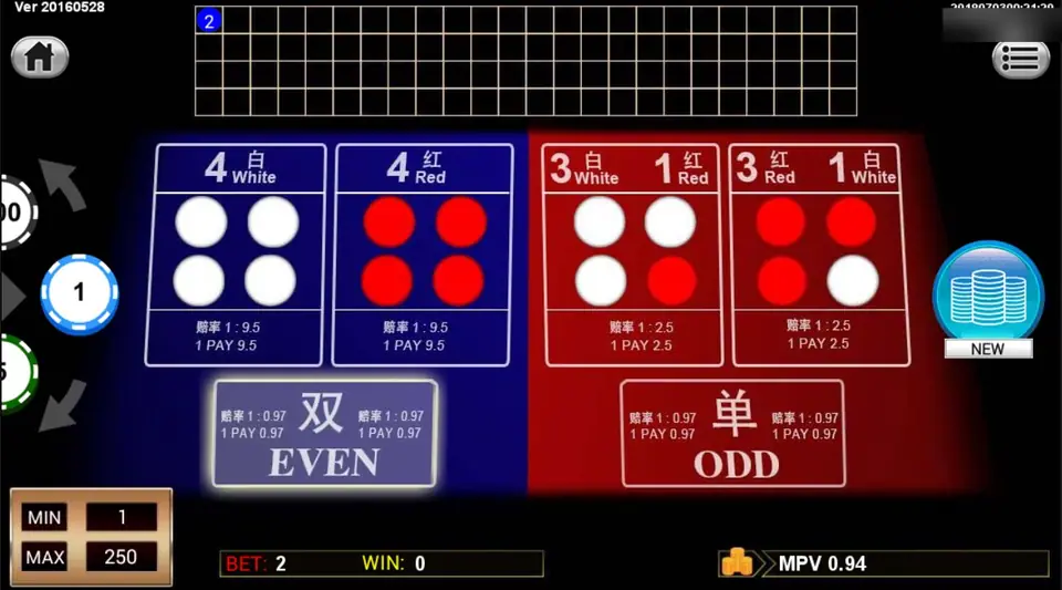 Sedie after a round: a chip of 2 on EVEN, the Even box lit, NEW button on the right and the history grid showing a blue 2 in the first cell
