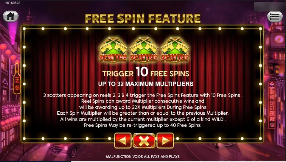 Free Spin Feature page: three scatters trigger 10 free spins with up to 32 maximum multipliers; each multiplier is at least the previous one and free spins can retrigger up to 40