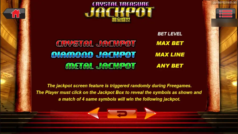 Crystal Treasure Jackpot page: Crystal Jackpot at MAX BET, Diamond Jackpot at MAX LINE, Metal Jackpot at ANY BET, triggered at random in free games by matching four symbols