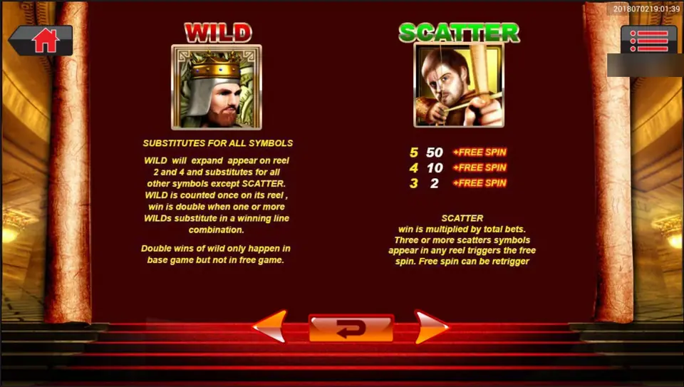 Help page: the crowned king WILD expands on reels 2 and 4 and doubles wins in the base game; the archer SCATTER pays 50, 10 and 2 plus free spins, and free spins can retrigger