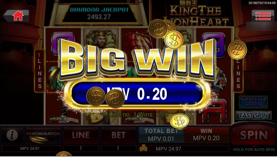 BIG WIN MPV 0.20 over the reels on a 0.01 single-line bet, with DIAMOND JACKPOT 2493.27 in the box on top
