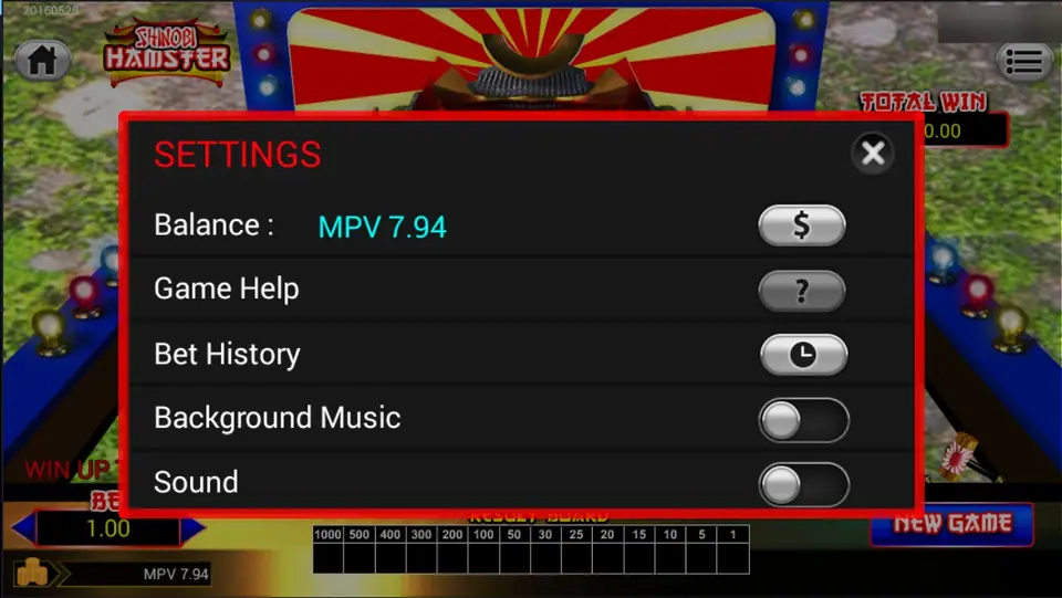 The SETTINGS panel over the game: Balance MPV 7.94, Game Help, Bet History, Background Music and Sound