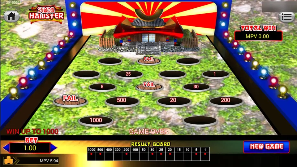 The board after GAME OVER: three FAIL holes, and numbers in the other opened holes (25, 1, 5, 30, 500, 20, 200 and 1000), with red dots on the result board under the same values and TOTAL WIN MPV 0.00