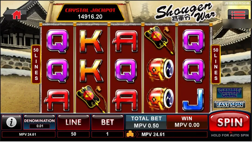 Shougen War reels in front of a snowy Japanese courtyard: purple Q, orange K and red A letters, a war fan and taiko drums, 50 LINES on both sides, CRYSTAL JACKPOT 14916.20, DENOMINATION 0.01, TOTAL BET MPV 0.50