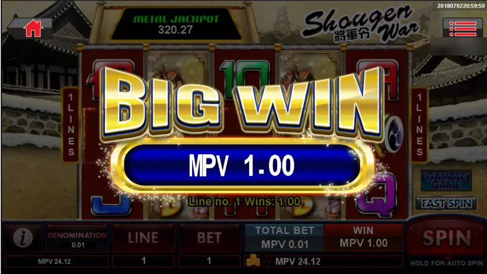 The BIG WIN banner showing MPV 1.00 over the reels, 'Line no. 1 Wins: 1.00', with 1 LINES on both sides and TOTAL BET MPV 0.01