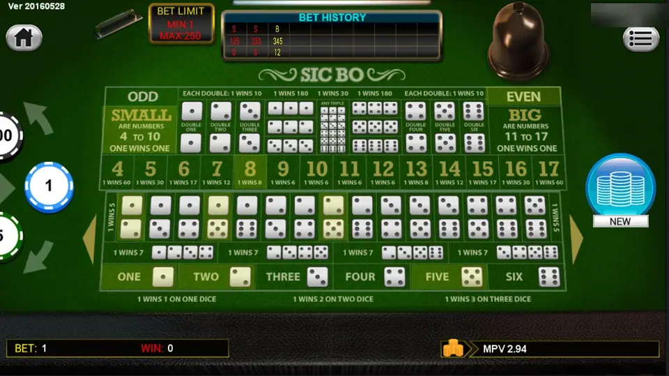 The same table after a roll: SMALL, total 8, the pairs containing 1, 2 and 5 and the singles ONE, TWO and FIVE lit up, BET HISTORY showing S, S and B with 345 and 12 in the third column, BET 1 and a NEW chip-stack button on the right