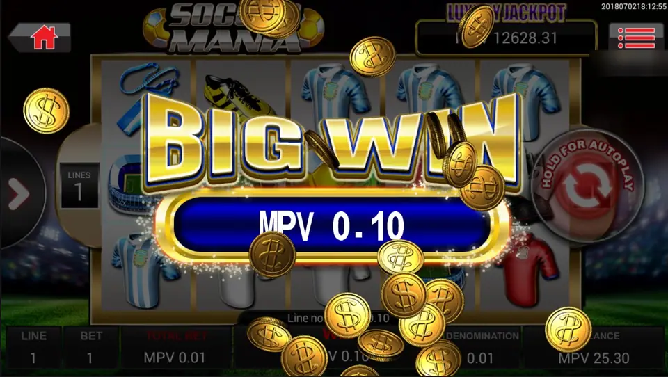 BIG WIN banner showing MPV 0.10 with gold coins flying across the reels, LINE 1, BET 1, TOTAL BET MPV 0.01, balance MPV 25.30