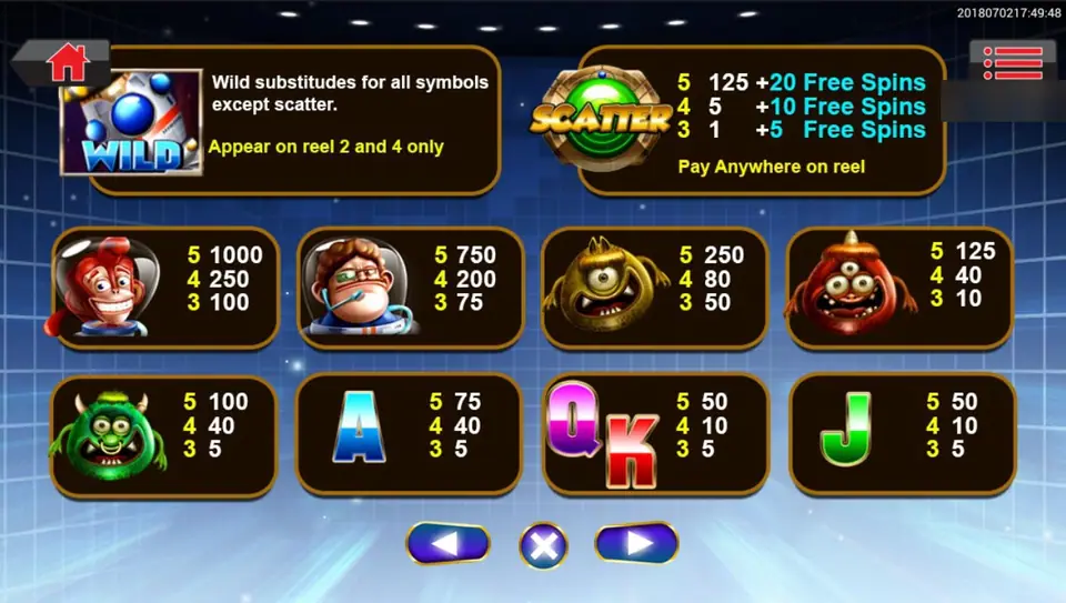 Space Monkey paytable: the space-station WILD on reels 2 and 4 only, the green SCATTER paying 125, 5 and 1 plus 20, 10 or 5 free spins, then the monkey astronaut at 1000, the astronaut in glasses at 750, three aliens at 250, 125 and 100, and A, Q, K and J